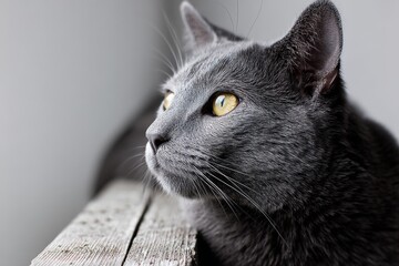 Portrait of a funny chartreux cat isolated in light wood minimalistic setup.