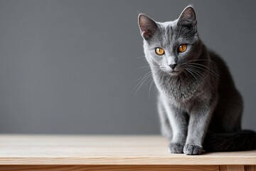 Portrait of a funny chartreux cat isolated on light wood minimalistic setup.