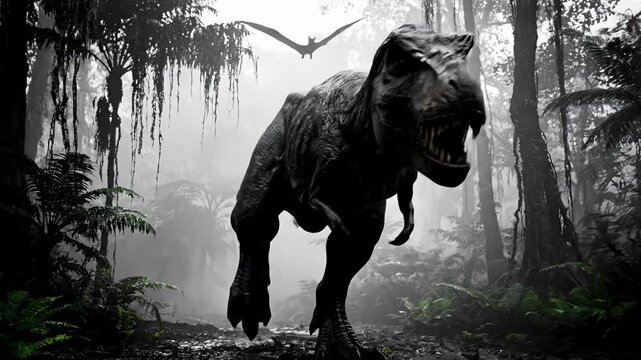 Monstrous dinosaur emerges from dense jungle foliage, showcasing powerful strides and fierce expression, as it navigates through a prehistoric landscape with dramatic lighting and shadows