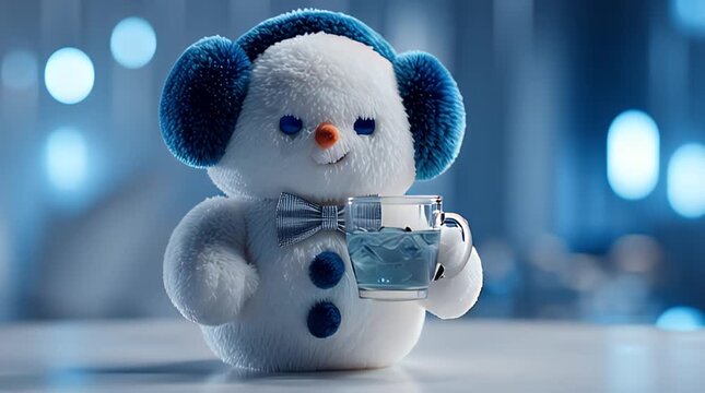 Cute fluffy snowman wearing earmuffs and bowtie holding a cup of ice water