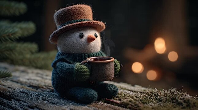 Cozy Snowman Enjoying Hot Beverage in Winter Wonderland
