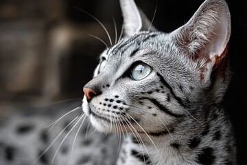 Portrait of a happy egyptian mau cat in front of empty modern loft background.