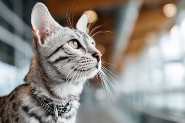 Portrait of a happy egyptian mau cat isolated in empty modern loft background.