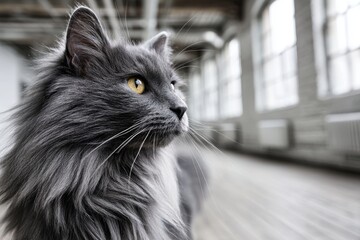 Portrait of a funny british longhair cat over empty modern loft background.