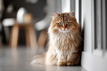 Portrait of a funny british longhair cat over empty modern loft background.