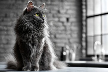 Portrait of a funny british longhair cat on empty modern loft background.