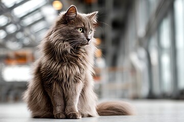 Portrait of a funny british longhair cat isolated on empty modern loft background.