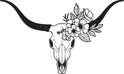 Texas longhorn black and white vector illustration. Longhorn skull with flowers, clipart. Silhouette Texas Longhorn. Bull Head Logo Icon