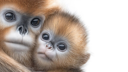 Snub-nosed monkey infant with its parent in natural setting