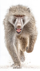 Baboon runs toward the camera in an outdoor setting