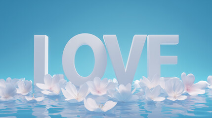 Flowers around the word love on a blue background