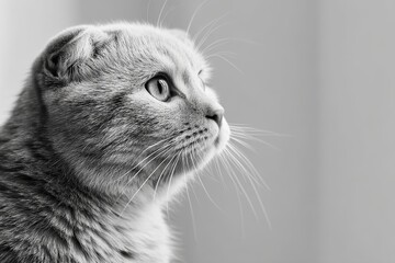 Portrait of a cute scottish fold cat in front of bare monochromatic room.