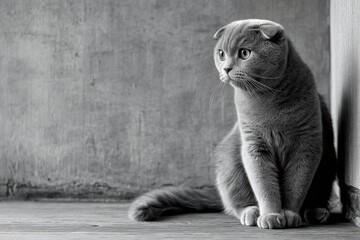Portrait of a cute scottish fold cat over bare monochromatic room.