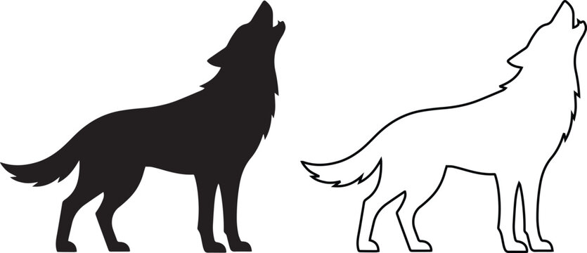Wolf howling vector icon set featuring solid black silhouette and line art outline. Wild animal predator standing and calling at the moon illustration for nature logo or mascot design.