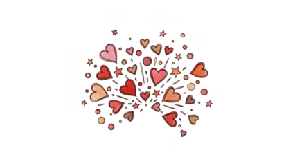 A vibrant hand-drawn illustration featuring a burst of red, pink, and orange hearts and stars, creating a festive and loving explosion.