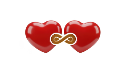 Two glossy red hearts connected by a golden infinity symbol on a clean white background, representing eternal love and connection.