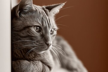 Portrait of a happy cheetoh cat over bare monochromatic room.