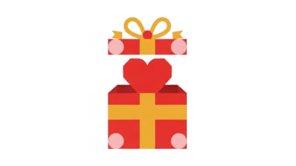A vibrant red gift box with a golden ribbon, its lid open to reveal a bright red heart inside, symbolizing love and generosity.