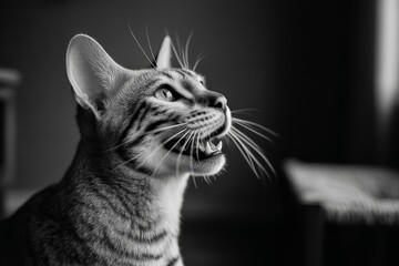 Portrait of a happy cheetoh cat isolated in bare monochromatic room.