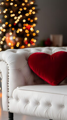 Red heart-shaped pillow on white sofa with blurred Christmas tree lights in the background. Cozy vertical template for holiday decoration, interior design inspiration, and festive mood settings