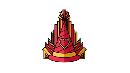 Stylized red and gold party hat with a heart emblem and Art Deco background design.
