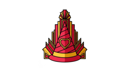 Stylized red and gold party hat with a heart emblem and Art Deco background design.