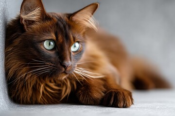 Portrait of a cute havana brown cat on plain cyclorama studio wall.