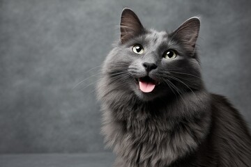Portrait of a happy nebelung cat on plain cyclorama studio wall.