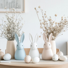 pastel bunnies arranged on a table with ornamental eggs and dried flowers, creating a charming spring atmosphere. This cozy and elegant composition captures seasonal decor, softness, and festive warmt
