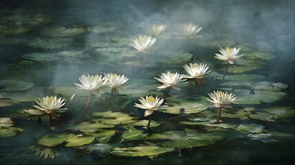 Numerous white water lilies bloom amid foggy pond surface in atmospheric lighting