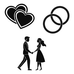 Couple holding hands under wedding symbols