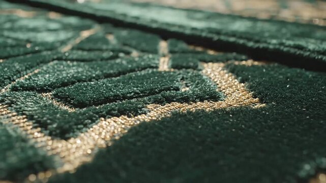 High-quality emerald velvet prayer rug with subtle embossed patterns for Ramadhan. Macro slider movement showcasing fabric texture and deep green tones in 4K