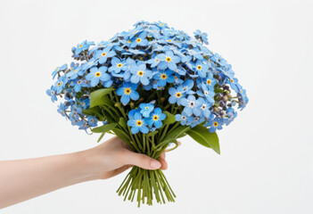 Hand with a bouquet of forget-me-nots, white background, tiny flowers, romantic style, classic arrangement, elegant composition