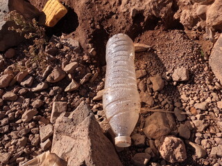 A plastic bottle lying on the ground, Plastic environmental impact