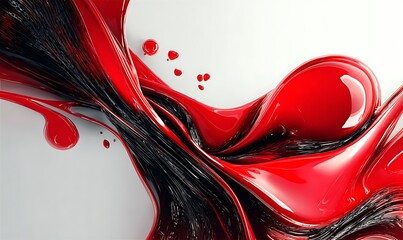 An abstract red and white wave pattern featuring liquid paint splashes and flowing water textures creates a creative art backdrop with light glass design elements for a modern wallpaper concept