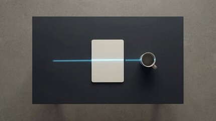Top view of a modern dark gray table with a white tablet device and a coffee mug illuminated by a bright blue light beam scanning across the surface