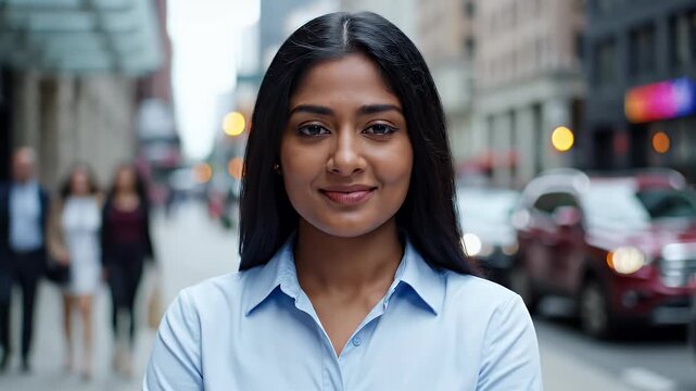 Young Indian Woman Portrait Business Professional Smiling Confident Urban Cityscape Background Stock Video Footage B-Roll Corporate Success Achievement Career Goals Modern Lifestyle