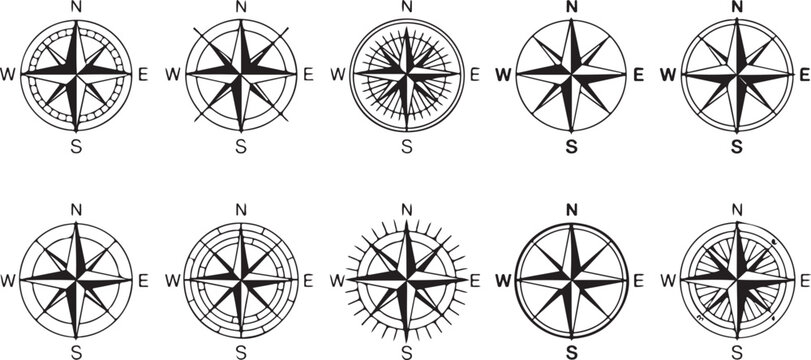 Vintage compass. Nautical wind rose, compasses for travel map, vintage marine navigation arrow symbols, retro outline vector set. Compass travel, old wind rose for sea adventure illustration