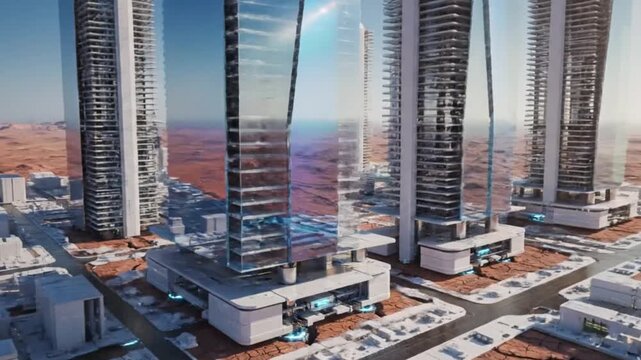 Futuristic City Rising on Cracked Desert Planet with Blue Energy

