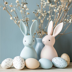 bunnies arranged on a table with ornamental eggs and dried flowers, creating a charming spring atmosphere. This cozy and elegant composition captures seasonal decor, softness, and festive warmth,