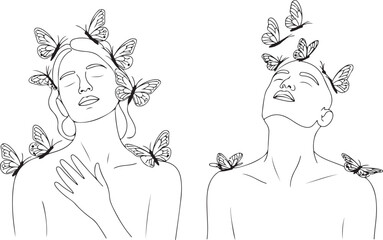 Woman face with butterfly by one line drawing. Abstract Portrait minimalistic style. Botanical print. Nature symbol of cosmetics. Modern continuous line art. Fashion print. Beaty salon art
