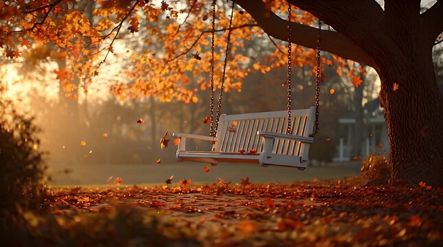Peaceful autumn scene An empty wooden swing beneath a majestic tree, bathed in warm golden light with falling leaves, evoking tranquility