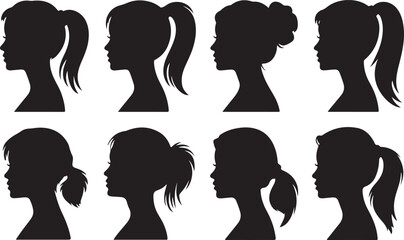 Woman heads in profile. Beautiful female faces profiles, black silhouette outline avatars, anonymous portraits with hairstyle vector set