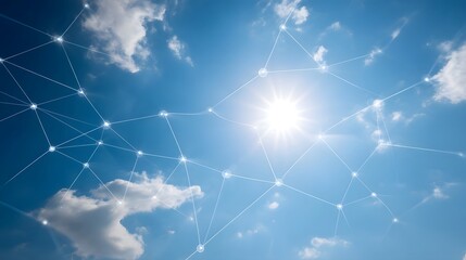 A network of digital connections overlays a bright sunny sky with clouds