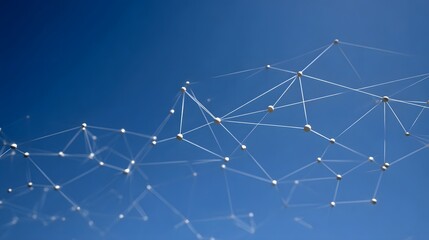 Abstract digital network pattern of interconnected nodes and lines against a clear bright blue sky symbolizing connection and data flow