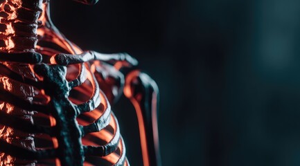 Close-up of a Human Skeleton with Dramatic Lighting.