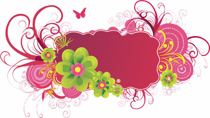 Elegant floral frame with pink flowers and green leaves on white background