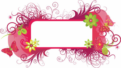Flat illustration of artistic floral frame featuring pink border with green