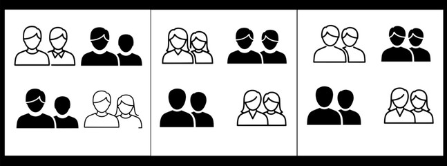 A collection of 12 black and white silhouette images of people in various poses and arrangements