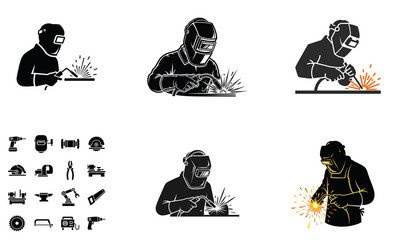 Welder Silhouette Icon Set &ndash; Industrial Welding Worker Safety Vector Collection